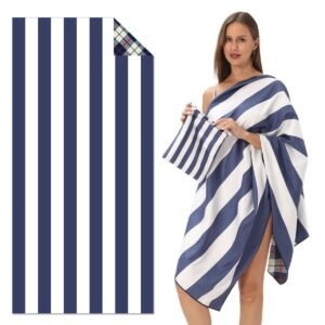 Reversible Microfiber Beach Towel – Stripes & Classic Check Pattern