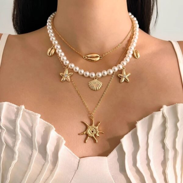 Layered Pearl & Seashell Necklace Set – 3-Piece Design - Image 3