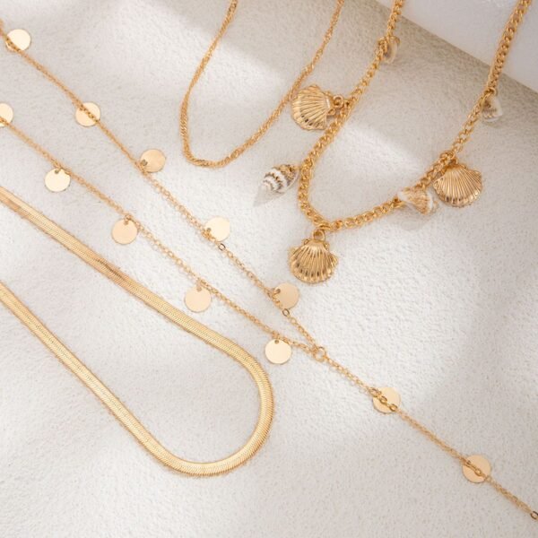 4-Piece Layered Necklace Set – Seashell & Disc Charms - Image 4